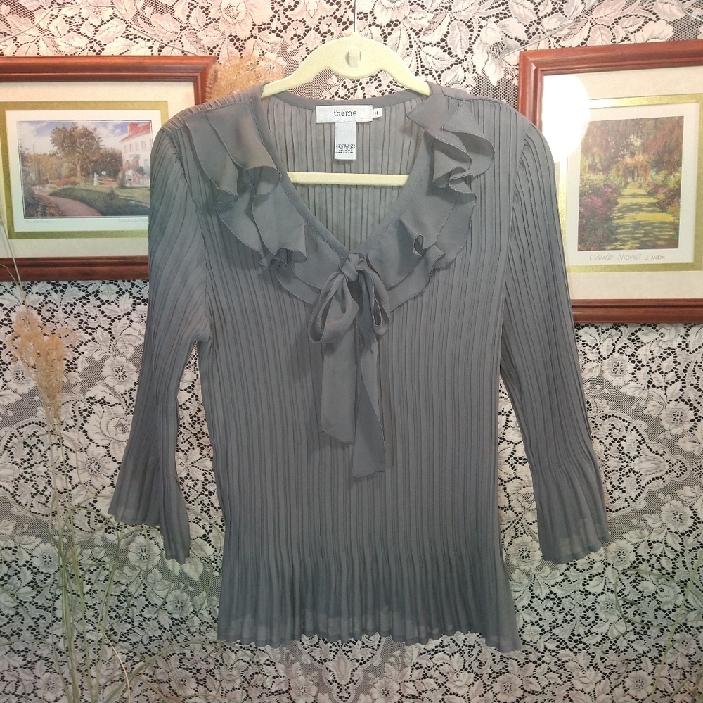 Theme grey blouse pleated ribbed ruffle 3/4 sleeve 100% polyester material